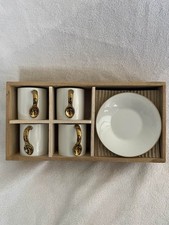 White Porcelain Espresso Demitasse Cups Saucers Set Gold Trim Spoons x 4 boxed
