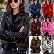 UK Women's Biker Jacket Slim Ladies Faux PU Leather Zip Formal Coat Plus Size