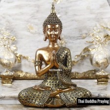 Thai Buddha Praying Meditating Sculpture Figurine Ornament Gold Sitting Home Art