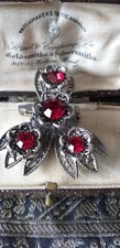 Vintage Pewter  Deep Red Large Rhinestone Floral Brooch Very Unusual and Pretty