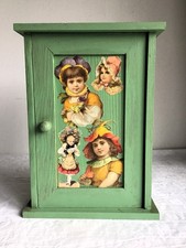 Green Painted French Decoupaged Key Real Wood Cabinet.