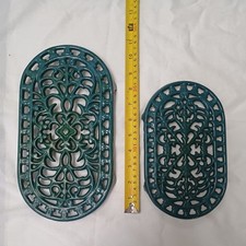 2 x Vintage 11" 8.5" Green Ornate Oval Cast Iron Footed Trivet Pot Pan Stand