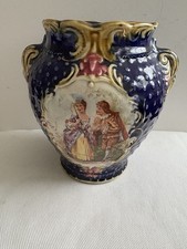 Majolica pottery 2 handled vase,Blue background,Courting couple,Europe,British 