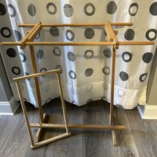 Vtg Needlepoint Scroll Frame Stand Wooden 31”H x29.5”Wx15”D, Frame 21”x12”, EUC