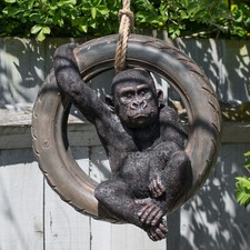 Rope Hanging Gorilla Tyre Swing Garden Ornament Statue Figure Sculpture Monkey