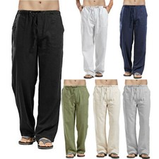 Mens Linen Cotton Baggy Trousers Summer Elastic Waist Wide Leg Loose Harem Pants