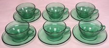 Vintage Green Tea Cups Glass 12pcs Cups & Saucers Set MCM Arcoroc Made in France