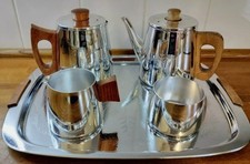5 Piece Vintage SONA Tea/Coffee Set Stainless & Teak Stratford Upon Avon Tray