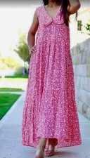 ZARA Dress Small Pink Floral Printed Tiered Sleeveless Collared Maxi Length