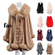 Women Ladies Faux Fur Poncho Fleece Soft Faux Fur Collar & Cuffs Cape Shawl Wrap