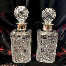 Pair of Matching Hobnail Cut Decanters with Solid Silver Collars by Barker Ellis