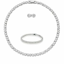 Tennis Necklace Earings Rhodium Bridal Bracelet set Swarovski Inspired 3pc Set