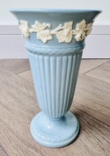 Vintage Wedgwood Queens Ware Embossed White Vine on Blue 6.5 Inches Vase.