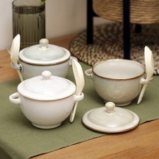Set Of 3 Neutral Reactive Glaze Soup Bowls With Lid Spoon & Handles Stoneware