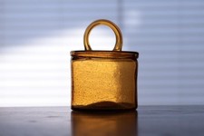 Nuutajarvi Kaj Franck Sargasso Glass Vase Amber Handle 1960s Finnish Art