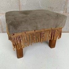 Upholstered Footstool Green Fringed Tassels Vintage Retro Rectangular Wooden
