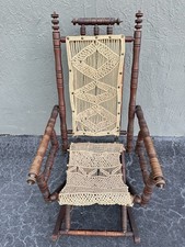 Antique Eastlake Spindle Rocking Chair with Hand-Crocheted Cordwork Seat & Back