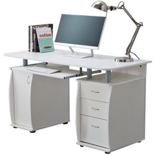 RayGar White Computer Desk With Cabinet and 3 Drawers for Home Office PC Study