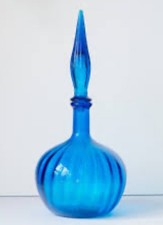 Vintage MCM Large Empoli Blue Onion Genie Bottle Decanter W/stopper  15inch tall