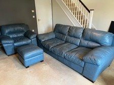 Blue Leather 3 Seater Sofa, Blue Leather Chair & Blue Leather Footstool