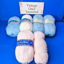 6 Balls VINTAGE WOOL * 3 Blue  1 White 2 Pink * Knitting / Crocheting * VGC