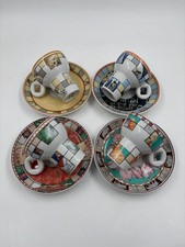 Seltmann Weiden – Set of 4 Mocha Cups with Saucers, Continent Decor, Post-Modern