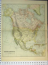 Original Old Antique Print Colour C1890 Map North America Pacific Ocean 19th