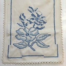 Cross Stitch Embroidered Dresser Scarf Runner Vintage Cottage Core Shabby Decor