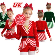 Kids Girl Bodysuit Twirling Dress Costume Stripes Christmas Dancewear Jumpsuit