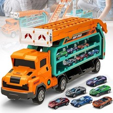 Double Row Race Track Transport Truck Toy with 6 Cars Foldable Race Toy Kid Gift