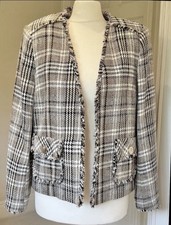Womens Zara Summer Jacket Blazer Coat EURS Beige/Black Check Lined Fringe Detail