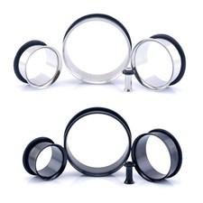 Steel SINGLE FLARE Flesh Tunnel Ear Plug With O-Ring 2mm - 30mm Silver & Black