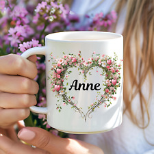 Personalised Floral Heart Coffee Tea Mug. Flowers and Hearts With Name Mug