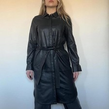 Vintage 00s black genuine lamb leather belted trench coat
