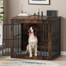 Large Dog Crate Furniture, Wooden Dog Cage with Double Doors,  Rustic Brown