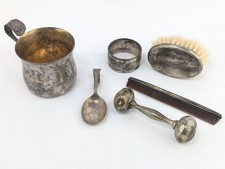 Antique Silver 6pc Christening Set: Cup, Spoon, Rattle, Brush, Comb & Ring