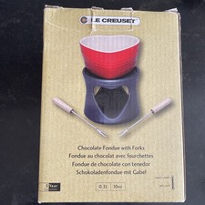 LE CREUSET~4pc Petite Red Heart Ceramic FONDUE POT & Stand + 2 forks-~charming!