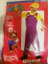 2011 Super Mario Wario Costume Boy Medium (8) Jumpsuit, Mustache, Hat 