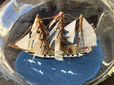 Vintage three masted ship in a bottle 7". Dimpled Haig.  Handmade VGC