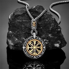 Norse Viking Compass Pendant Necklace Men Sun Rune with Leather Wheat Chain Gift