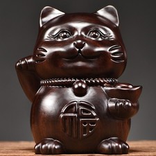 12cm Ebony Wood Lucky Cat Figurine Hand Carved Home Store Decor