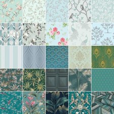GREEN TEAL DUCK EGG WALLPAPER - GEOMETRIC FLORAL BIRDS DAMASK WOOD PANEL & MORE