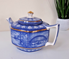 Ringtons Octagonal Wade Teapot Bridges Blue & White Transferware w. gold trim 💐