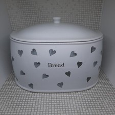 Large Ceramic Bread Bin Crock White Grey Hearts Lidded Oval Heavy