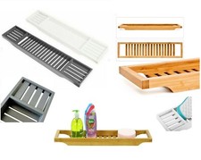 Bamboo Bath Tub Caddy Rack Wooden Bathroom Shelf Storage Organiser Tray Unit