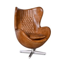 100% Real Genuine Leather Swivel Egg Aviator Wing Accent Arm Chair Brown Tan