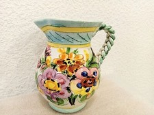 Vintage Majolica Flowers Vase Jug Italian Pitcher Hand Painted Italy 1970 Rare