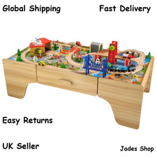 Wooden Train Set Table & Track Squirrel Play 100 Pieces Railway Tow Bundle - NEW
