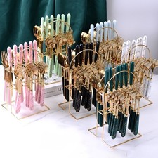 24PC CUTLERY DINNER SET STAINLESS STEEL METAL STAND RACK FORKS TEA SPOONS POLISH