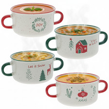 Set of 4/8 Christmas Soup Mugs Jumbo Stoneware Two Handle Festive Xmas Bowls